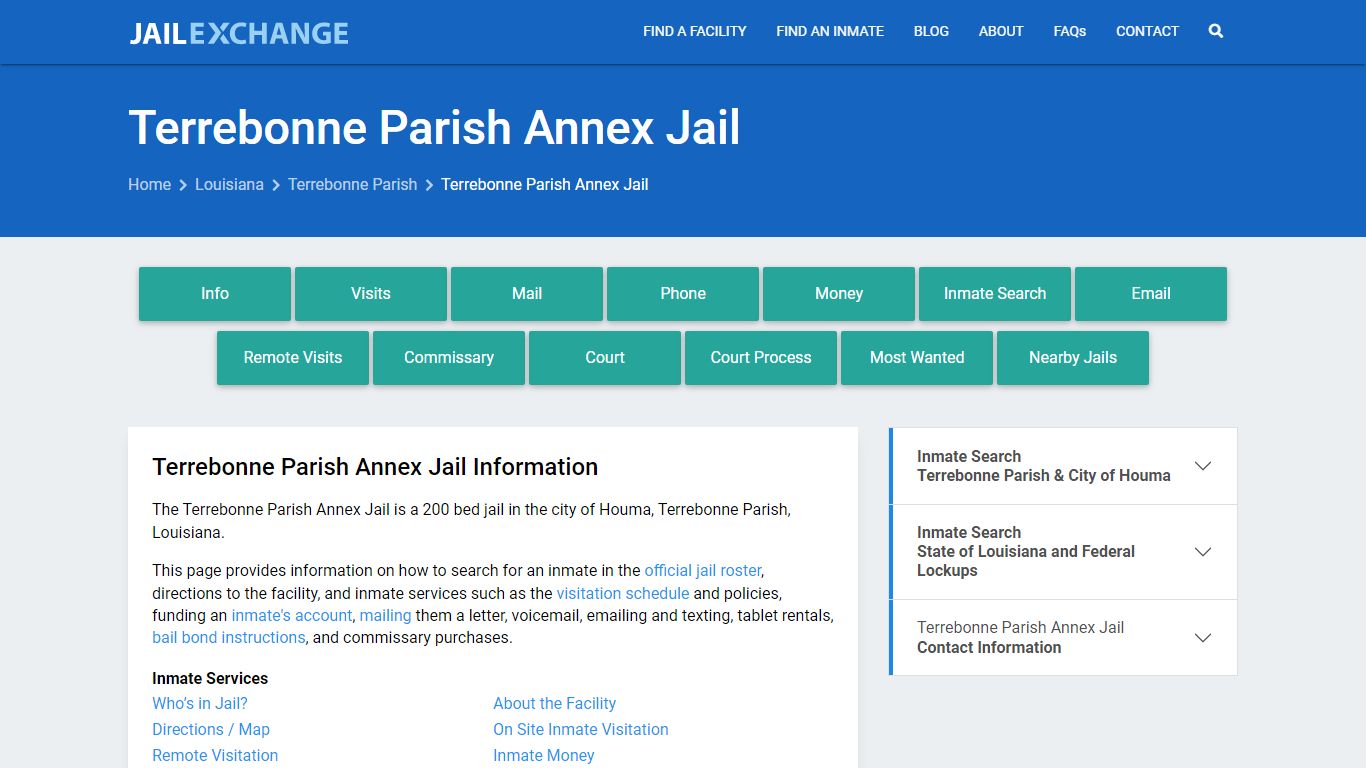 Terrebonne Parish Annex Jail, LA Inmate Search, Information